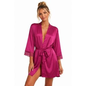 NWT INC International Concepts Lace-Trim Satin Robe Deep Fuchsia Large L NEW